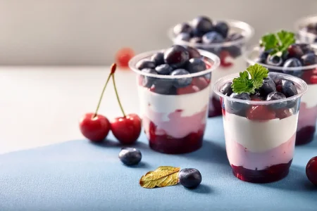 party dessert table mini blueberry and cherry greek yogurt parfaits in a plastic cup ai party dessert table mini blueberry and cherry greek yogurt parfaits in a plastic cup ai