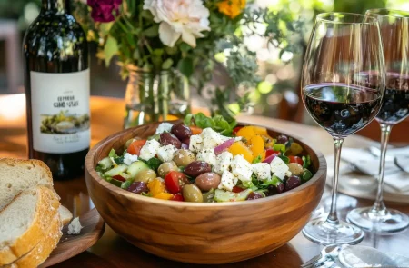Mediterranean feast with salad and wine Mediterranean feast with salad and wine