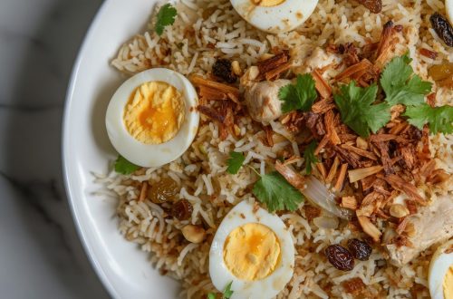 A close-up overhead view of chicken pulao on a white plate, beautifully topped with fried onion, boiled eggs, crunchy nuts,