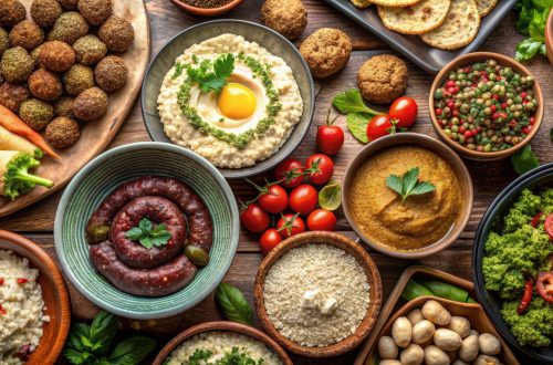 Top View of a Table Spread with Middle Eastern Dishes, Falafel , Hummus , Baba Ghanoush , Sumac , Za'atar