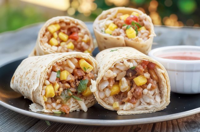 Tasty vegan burritos filled with rice, corn, and more, served with fresh salsa.
