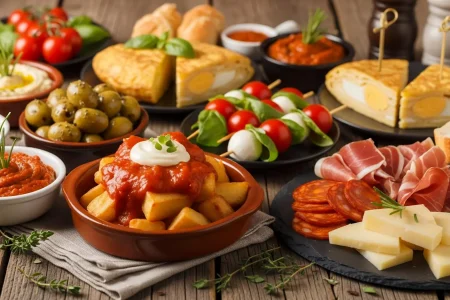 Close up of various spanish tapas served on rustic wooden table, featuring patatas bravas. Concept for catering service, food photography, and restaurant menu design Close up of various spanish tapas served on rustic wooden table, featuring patatas bravas. Concept for catering service, food photography, and restaurant menu design