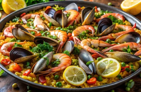 A vibrant spanish paella brimming with succulent shrimp, mussels, and other seafood, mixed with rice, peas, and tomatoes, garnished with lemon slices and parsley A vibrant spanish paella brimming with succulent shrimp, mussels, and other seafood, mixed with rice, peas, and tomatoes, garnished with lemon slices and parsley