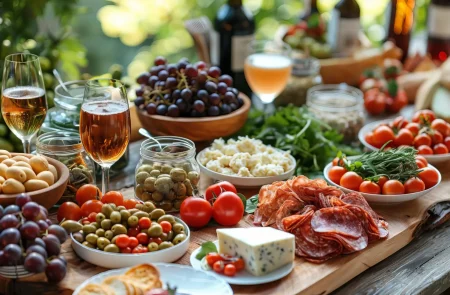 Delicious Mediterranean Buffet Feast Abundant Food and Wine Spread Delicious Mediterranean Buffet Feast Abundant Food and Wine Spread